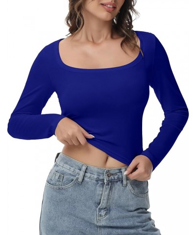 Women's Long Sleeve Crop top, Ribbed & Slim Fitted Cotton Shirts, Square Crewneck Tee Basics for Daily & Casual Wear Xroyal B...