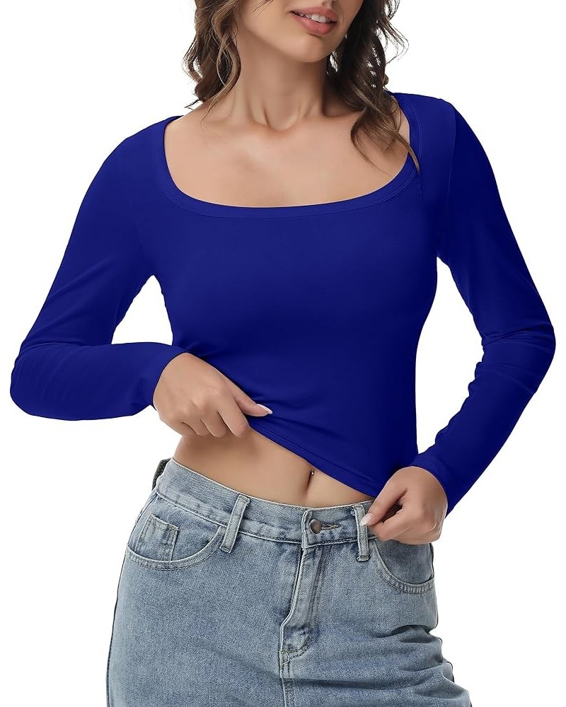 Women's Long Sleeve Crop top, Ribbed & Slim Fitted Cotton Shirts, Square Crewneck Tee Basics for Daily & Casual Wear Xroyal B...