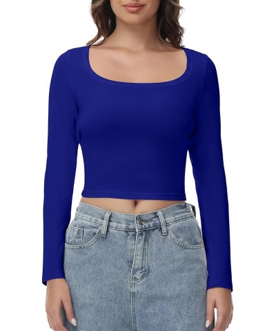 Women's Long Sleeve Crop top, Ribbed & Slim Fitted Cotton Shirts, Square Crewneck Tee Basics for Daily & Casual Wear Xroyal B...