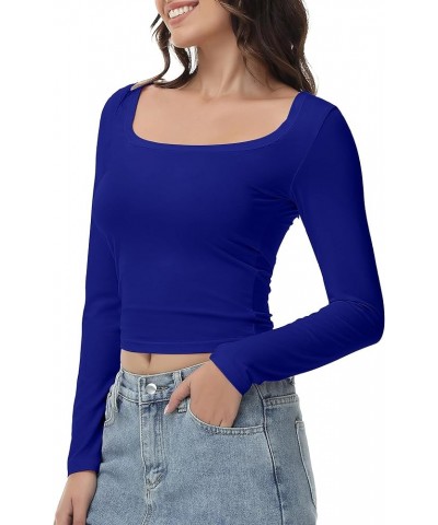 Women's Long Sleeve Crop top, Ribbed & Slim Fitted Cotton Shirts, Square Crewneck Tee Basics for Daily & Casual Wear Xroyal B...