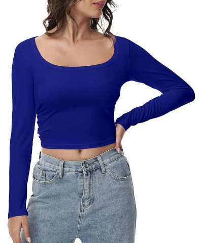 Women's Long Sleeve Crop top, Ribbed & Slim Fitted Cotton Shirts, Square Crewneck Tee Basics for Daily & Casual Wear Xroyal B...