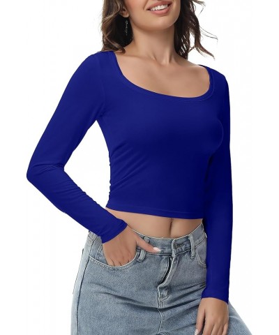 Women's Long Sleeve Crop top, Ribbed & Slim Fitted Cotton Shirts, Square Crewneck Tee Basics for Daily & Casual Wear Xroyal B...