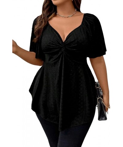 Women's Plus Size Twist Front Short Sleeve Sweetheart Neck Asymmetrical Hem Blouses Solid Peplum Tops Black $16.17 Blouses