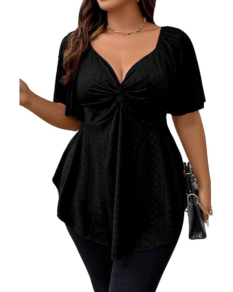 Women's Plus Size Twist Front Short Sleeve Sweetheart Neck Asymmetrical Hem Blouses Solid Peplum Tops Black $16.17 Blouses