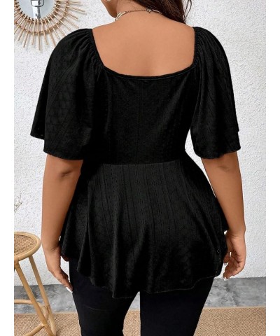 Women's Plus Size Twist Front Short Sleeve Sweetheart Neck Asymmetrical Hem Blouses Solid Peplum Tops Black $16.17 Blouses