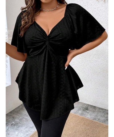 Women's Plus Size Twist Front Short Sleeve Sweetheart Neck Asymmetrical Hem Blouses Solid Peplum Tops Black $16.17 Blouses