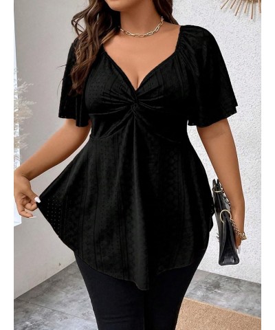 Women's Plus Size Twist Front Short Sleeve Sweetheart Neck Asymmetrical Hem Blouses Solid Peplum Tops Black $16.17 Blouses