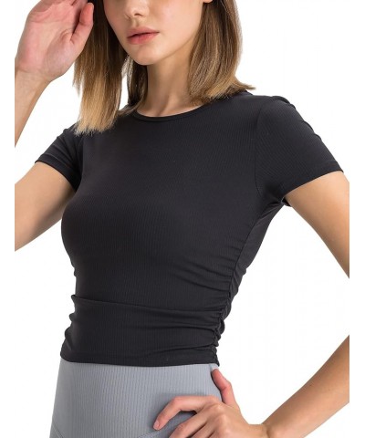 Women's Ribbed Workout Crop Tops, Athletic Gym Yoga Short Sleeve T-Shirts Black $10.50 Activewear