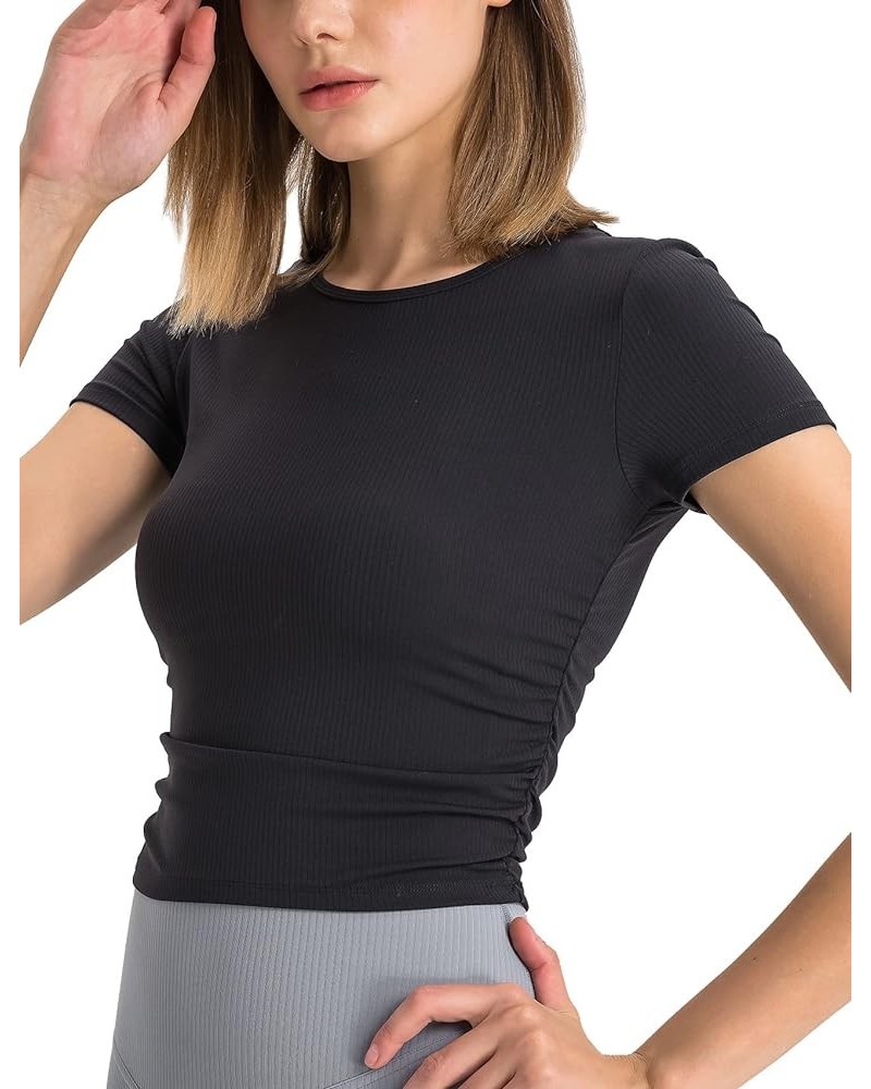 Women's Ribbed Workout Crop Tops, Athletic Gym Yoga Short Sleeve T-Shirts Black $10.50 Activewear