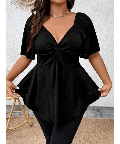 Women's Plus Size Twist Front Short Sleeve Sweetheart Neck Asymmetrical Hem Blouses Solid Peplum Tops Black $16.17 Blouses