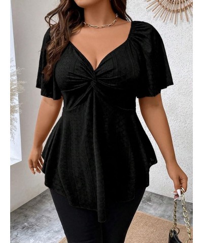 Women's Plus Size Twist Front Short Sleeve Sweetheart Neck Asymmetrical Hem Blouses Solid Peplum Tops Black $16.17 Blouses