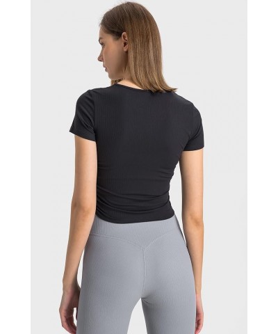 Women's Ribbed Workout Crop Tops, Athletic Gym Yoga Short Sleeve T-Shirts Black $10.50 Activewear