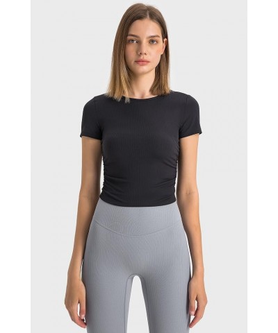 Women's Ribbed Workout Crop Tops, Athletic Gym Yoga Short Sleeve T-Shirts Black $10.50 Activewear