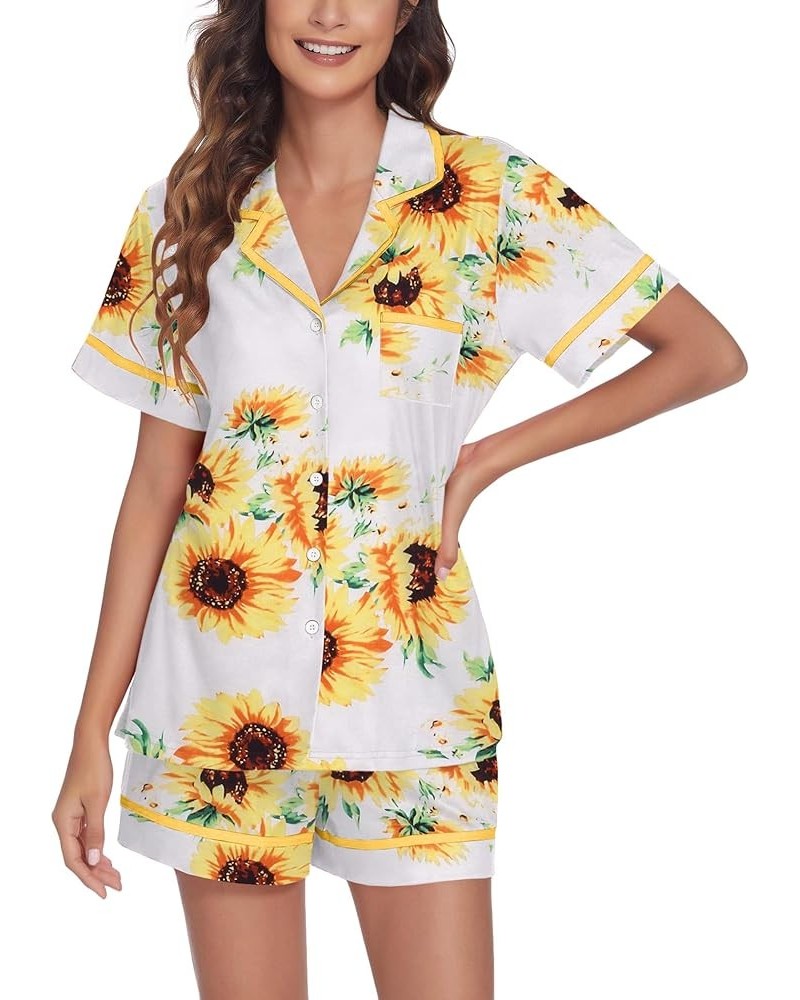 Pajamas Soft Striped Women's Short Sleeve Button Sleepwear Shorts Shirt PJ Set(S-XXL) Pat27-sunflower $13.67 Sleep & Lounge