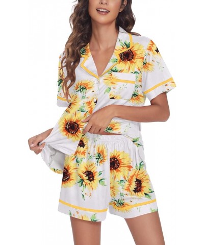 Pajamas Soft Striped Women's Short Sleeve Button Sleepwear Shorts Shirt PJ Set(S-XXL) Pat27-sunflower $13.67 Sleep & Lounge