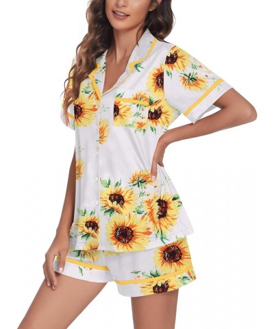 Pajamas Soft Striped Women's Short Sleeve Button Sleepwear Shorts Shirt PJ Set(S-XXL) Pat27-sunflower $13.67 Sleep & Lounge