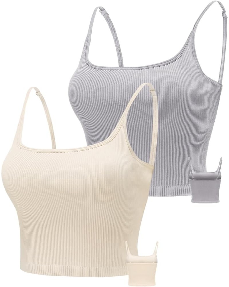 Cropped Tank Top Longline Sports Bra Tank Top 2 Pack Brami Top Ribbed Crop Top Seamless Sports Bra Workout Top 2 Pack-grey+be...