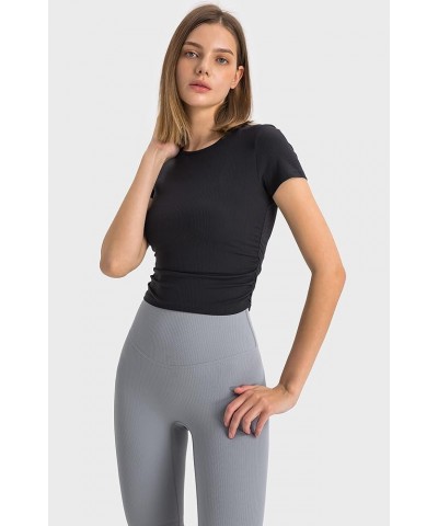 Women's Ribbed Workout Crop Tops, Athletic Gym Yoga Short Sleeve T-Shirts Black $10.50 Activewear