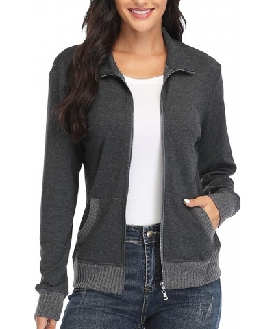 Women's Zip up Sweatshirt Jacket Stand Collar Hoodless Running Sweatshirt with Pockets Long Sleeves - Dark Grey $23.51 Jackets