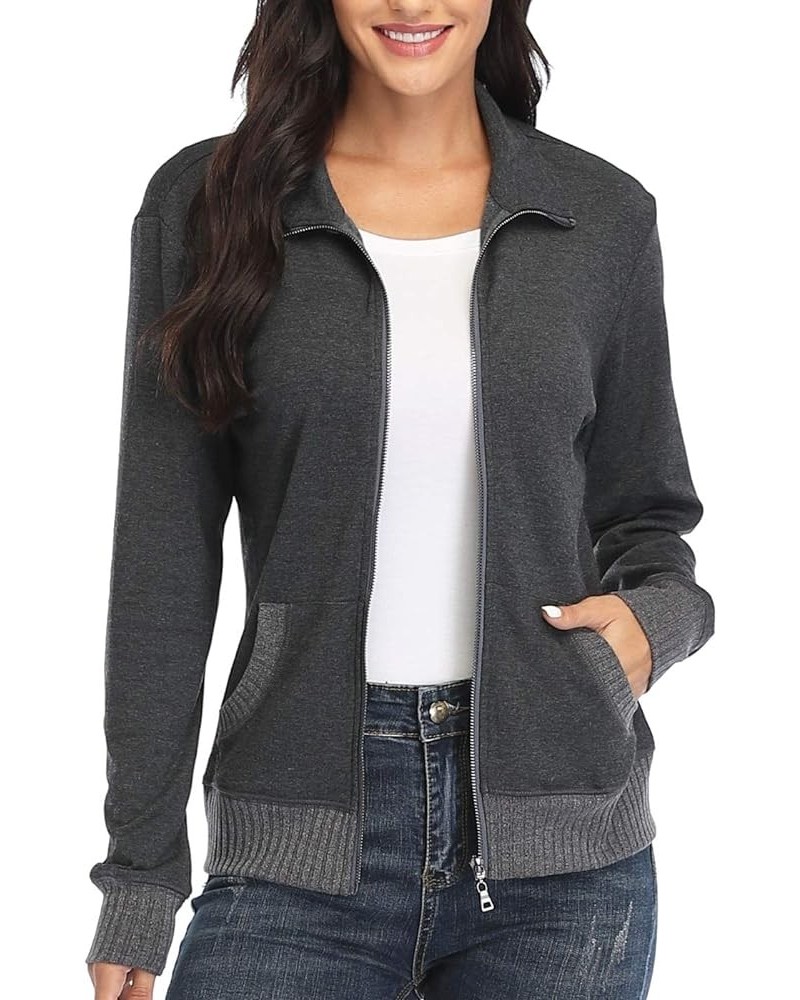 Women's Zip up Sweatshirt Jacket Stand Collar Hoodless Running Sweatshirt with Pockets Long Sleeves - Dark Grey $23.51 Jackets