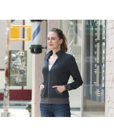 Women's Zip up Sweatshirt Jacket Stand Collar Hoodless Running Sweatshirt with Pockets Long Sleeves - Dark Grey $23.51 Jackets