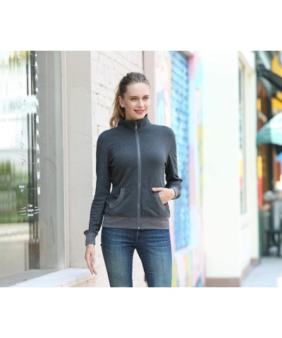 Women's Zip up Sweatshirt Jacket Stand Collar Hoodless Running Sweatshirt with Pockets Long Sleeves - Dark Grey $23.51 Jackets