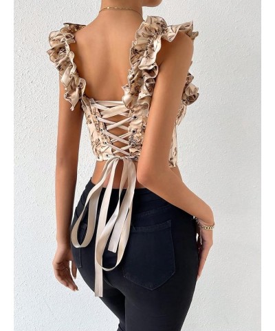 Women's Floral Print Lace Up Grommet Eyelet Bustier Boho Crop Cami Top Apricot $17.67 Tanks