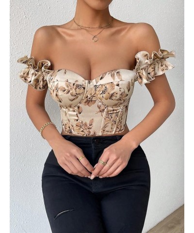 Women's Floral Print Lace Up Grommet Eyelet Bustier Boho Crop Cami Top Apricot $17.67 Tanks