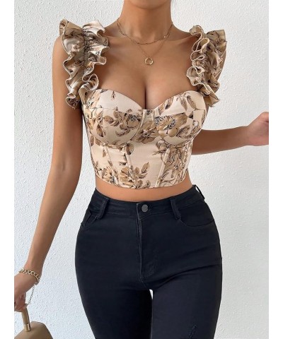 Women's Floral Print Lace Up Grommet Eyelet Bustier Boho Crop Cami Top Apricot $17.67 Tanks