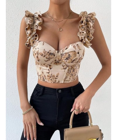 Women's Floral Print Lace Up Grommet Eyelet Bustier Boho Crop Cami Top Apricot $17.67 Tanks