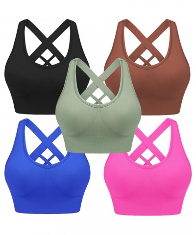 Women Sports Bras High Impact Strappy Cross Back Padded Workout Bras for Running Yoga Gym 5 Pack-black+brown+green+hot Pink+r...