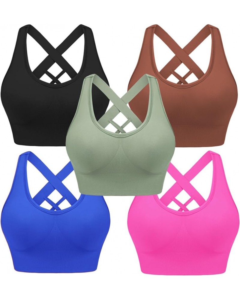 Women Sports Bras High Impact Strappy Cross Back Padded Workout Bras for Running Yoga Gym 5 Pack-black+brown+green+hot Pink+r...