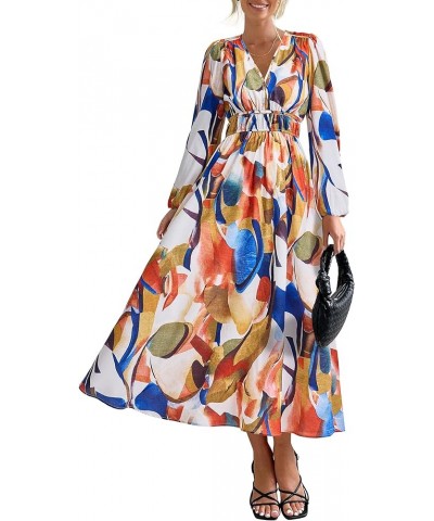 Women's 2024 Fall Boho Maxi Dress Casual Long Sleeve V Neck Printed Beach Long Flowy Dresses Blue Watercolour $22.36 Dresses