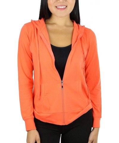 Women's Thin Fabric Long Sleeve Kangaroo Pocket Zip Up Hoodie Coral $17.37 Hoodies & Sweatshirts