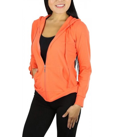 Women's Thin Fabric Long Sleeve Kangaroo Pocket Zip Up Hoodie Coral $17.37 Hoodies & Sweatshirts