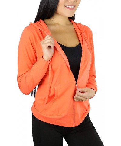 Women's Thin Fabric Long Sleeve Kangaroo Pocket Zip Up Hoodie Coral $17.37 Hoodies & Sweatshirts