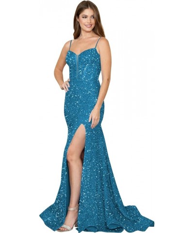 Sparkly Spaghetti Straps Prom Dresses with Split Long Sequin Mermaid Ball Gowns for Women RS043 A-ocean Blue $29.99 Dresses