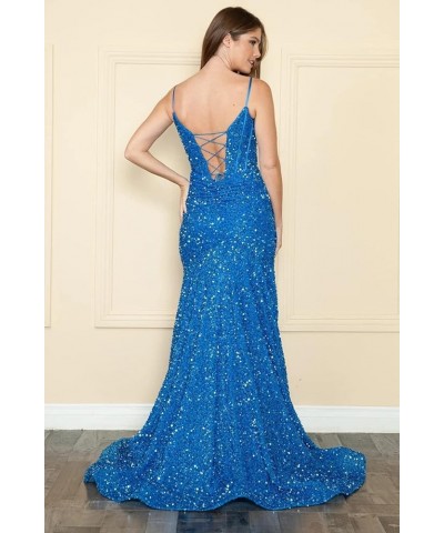 Sparkly Spaghetti Straps Prom Dresses with Split Long Sequin Mermaid Ball Gowns for Women RS043 A-ocean Blue $29.99 Dresses