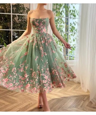 Tea Length Prom Dresses 2024 Long Ball Gown Flower Embroidered Formal Evening Dress Tulle Lace Sleeveless JA0011 Emerald Gree...