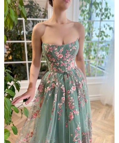 Tea Length Prom Dresses 2024 Long Ball Gown Flower Embroidered Formal Evening Dress Tulle Lace Sleeveless JA0011 Emerald Gree...