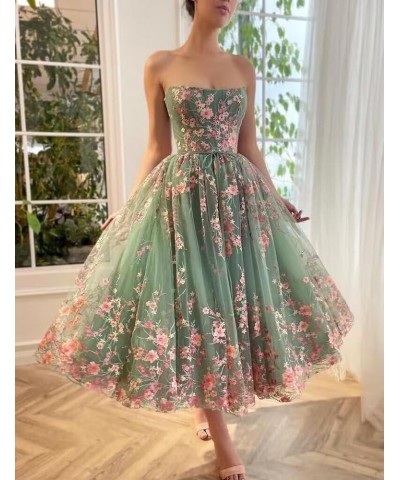 Tea Length Prom Dresses 2024 Long Ball Gown Flower Embroidered Formal Evening Dress Tulle Lace Sleeveless JA0011 Emerald Gree...