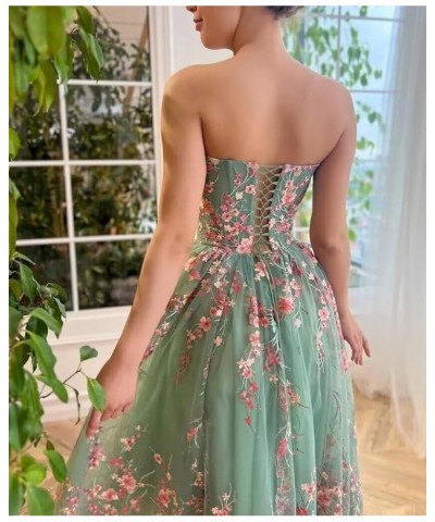 Tea Length Prom Dresses 2024 Long Ball Gown Flower Embroidered Formal Evening Dress Tulle Lace Sleeveless JA0011 Emerald Gree...