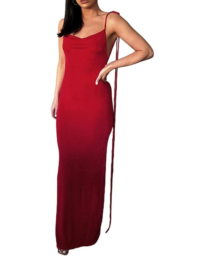 Women's Sexy Bodycon Ruched Maxi Dress Elegant Low Cut Spaghetti Strap Long Dress Backless Cocktail Party Dress B Red $9.68 D...