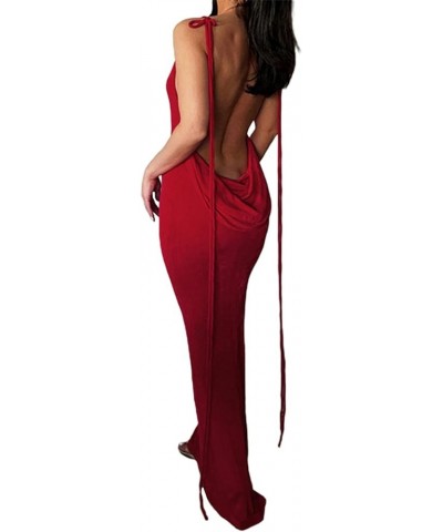 Women's Sexy Bodycon Ruched Maxi Dress Elegant Low Cut Spaghetti Strap Long Dress Backless Cocktail Party Dress B Red $9.68 D...