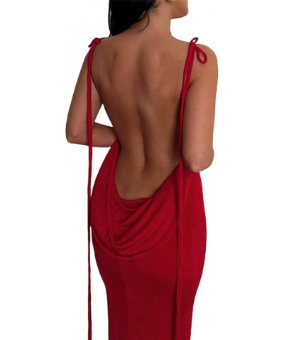 Women's Sexy Bodycon Ruched Maxi Dress Elegant Low Cut Spaghetti Strap Long Dress Backless Cocktail Party Dress B Red $9.68 D...