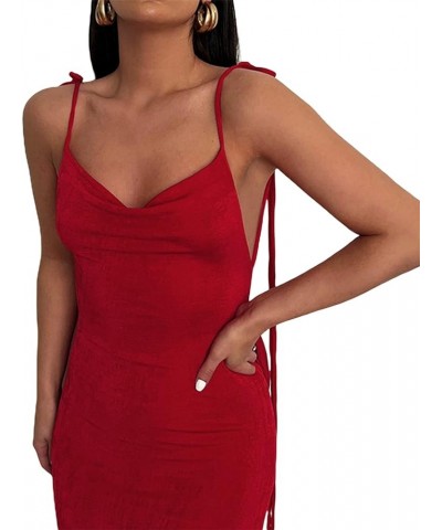 Women's Sexy Bodycon Ruched Maxi Dress Elegant Low Cut Spaghetti Strap Long Dress Backless Cocktail Party Dress B Red $9.68 D...