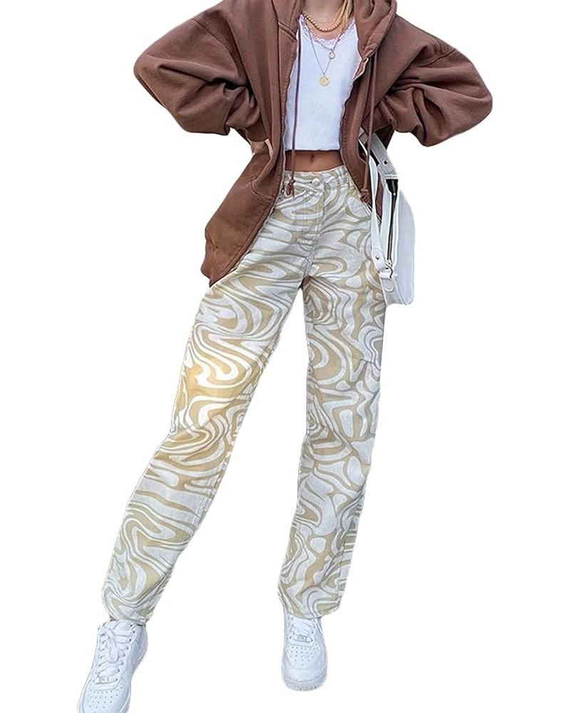 Straight Leg Trousers for Women High Waisted Fashion Print Pants Y2K Wide Leg Jeans Vintage Jeans Khaki $18.35 Jeans