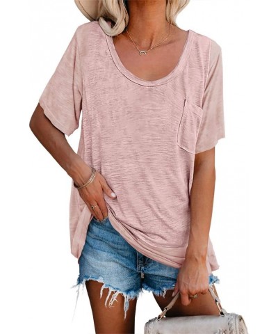 Womens Tunic T Shirts Short Sleeve Round Neck Soft Loose Shirts Summer Casual Tops with Pocket Pink $11.48 Tops