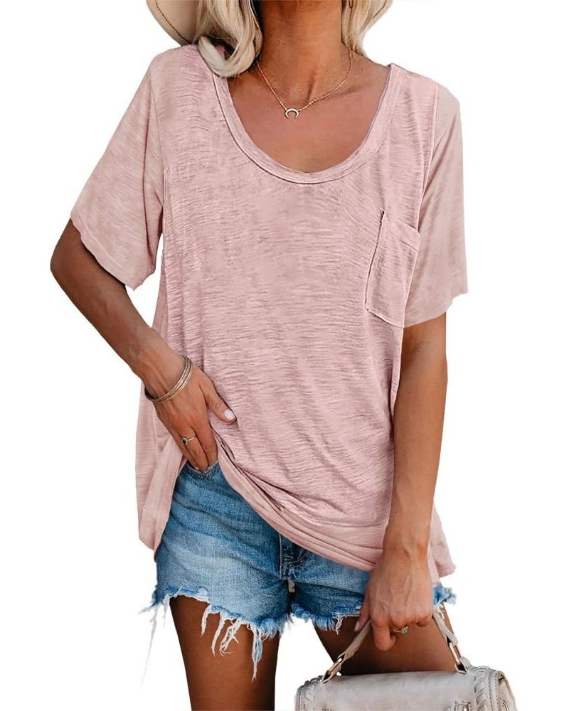 Womens Tunic T Shirts Short Sleeve Round Neck Soft Loose Shirts Summer Casual Tops with Pocket Pink $11.48 Tops