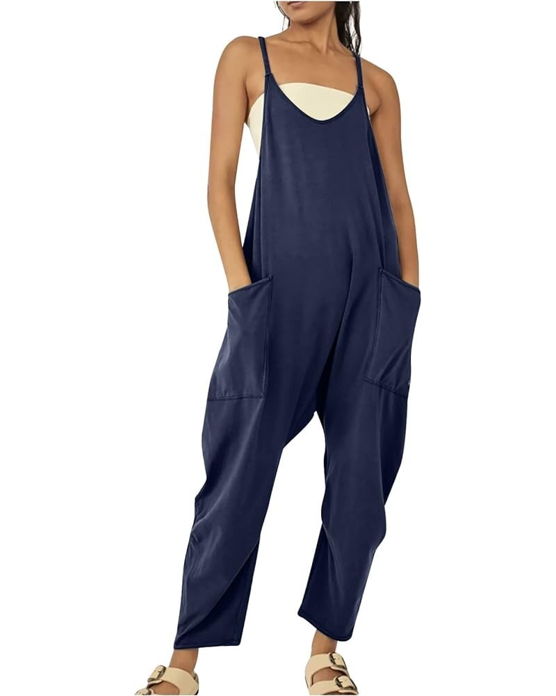 Jumpsuits for Women 2024 Dressy Loose Fit Overalls Summer Spaghetti Straps Rompers Stretchy Outfits with Pockets A3-navy $11....